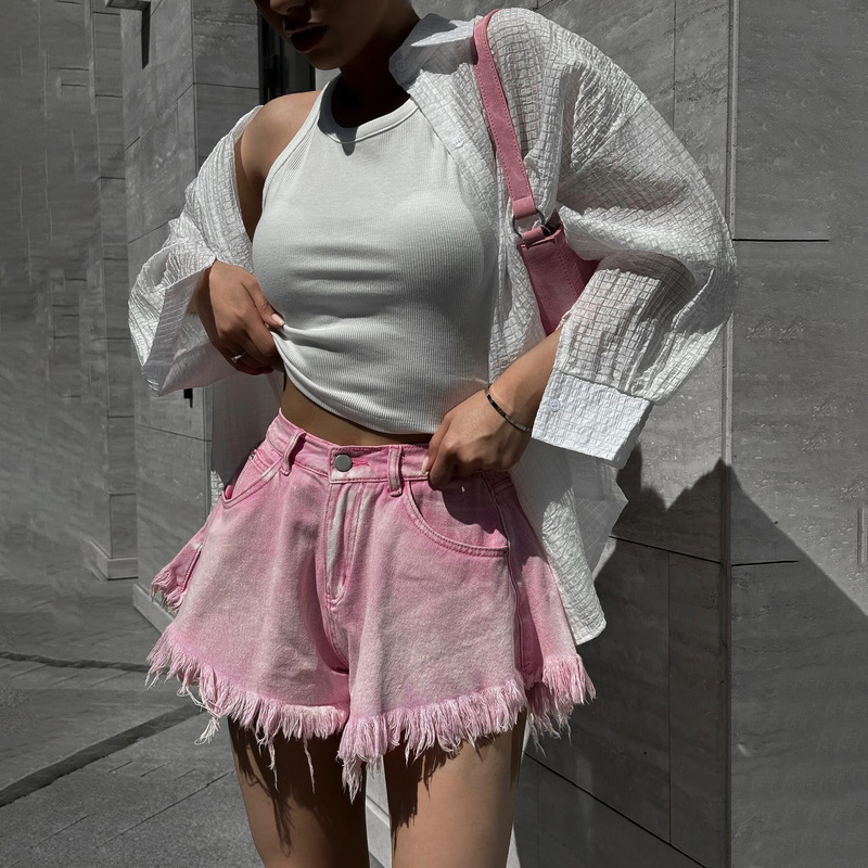 Amazon European and American Hot Girl Pink Denim Shorts New High-Waisted Wide-Leg Versatile Hot Pants Trend