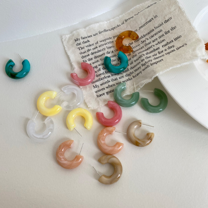 s925银针 醋酸简约c形耳圈 港风彩色亚克力耳环 夸张潮人百搭 468|ms