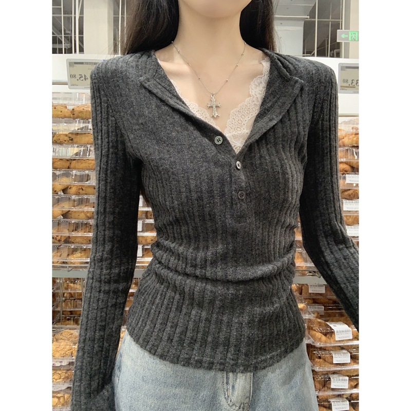 秋季纽扣半开领磨毛长袖T恤女假两件蕾丝拼接打底衫收腰褶皱上衣|undefined