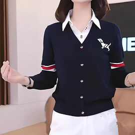 洋气假两件针织衫女秋季女装气质小衫polo领毛衣女士内搭显瘦上衣