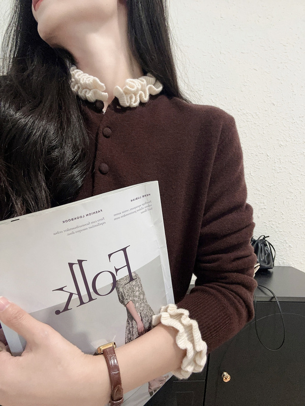 港米服饰/法式撞色木耳花边羊毛开衫毛衣宽松针织上衣女秋新|undefined