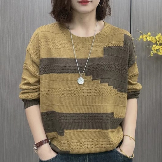 2025早秋季新款洋气拼色圆领妈妈装毛衣女休闲百搭针织衫长袖上衣|undefined