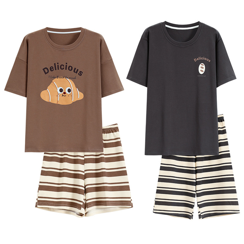 [Antibacteriano] Pijamas de pareja de verano de algodón puro para hombres y mujeres de manga corta de dibujos animados lindo casual se puede usar fuera del traje de servicio a domicilio