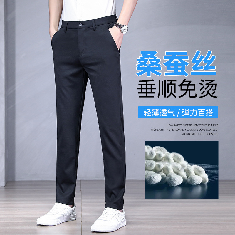 Counter Mulberry Silk Casual Pants Men's 2024 Summer Thin Ice Silk Men's Pants Non-ironing Anti-wrinkle Stretch Straight Pants