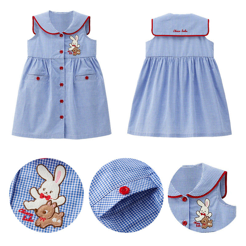 Ready Stock Skirt Summer New Girls Cartoon Cute Rich Rabbit Embroidered Plaid Navy Collar Dress