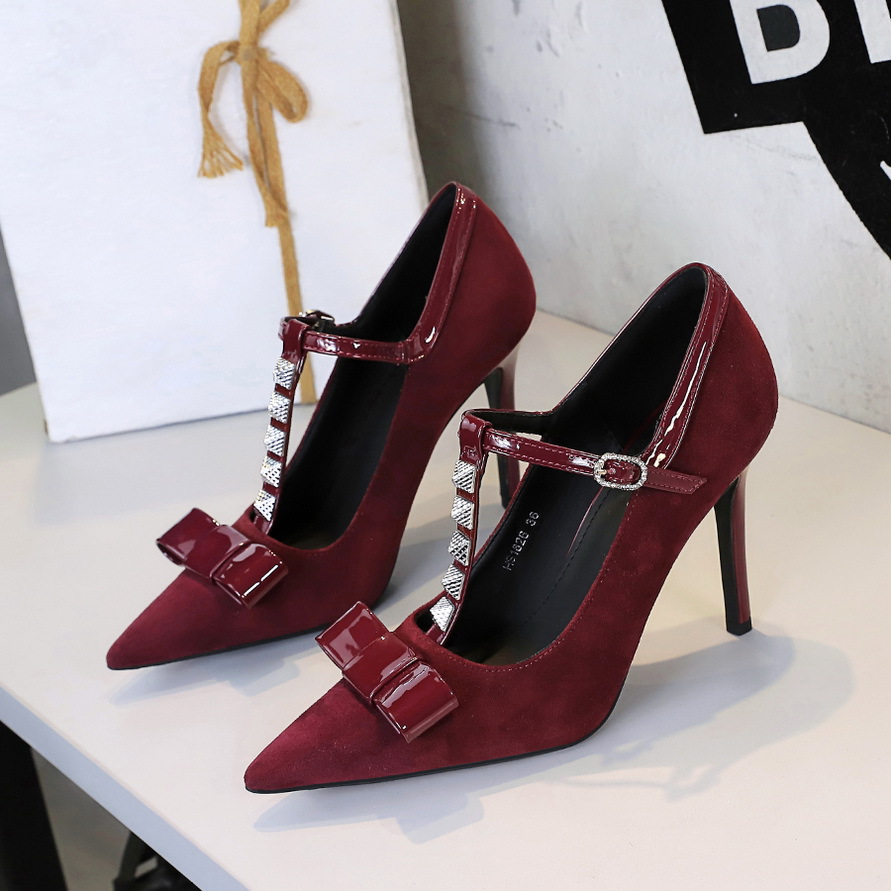 1826-H83 European And American Style Banquet Bowknot Studded Pointed High-heeled Shoes, Suede T-strap Sexy Women's Shoes_voghion.com