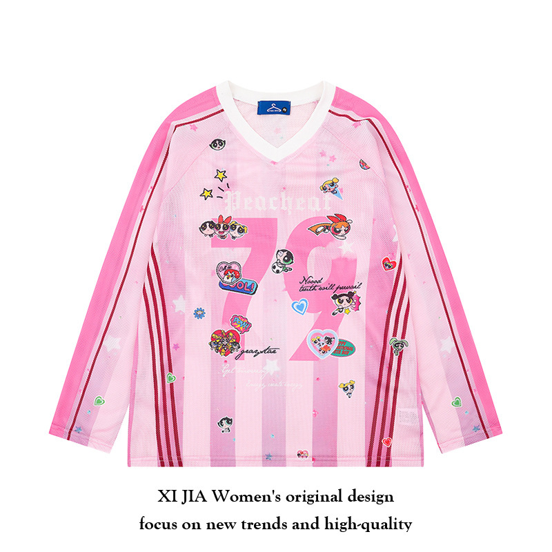 American Retro Hello Kitty Sports Style Jersey Sun Protection Blouse Women's Autumn New Retro Contrast Color Loose Long-Sleeved T-Shirt American Retro Hello Kitty Sports Style Jersey Sun Protection Blouse Women's Autumn New Retro Contrast Color Loose Long-Sleeved T-Shirt