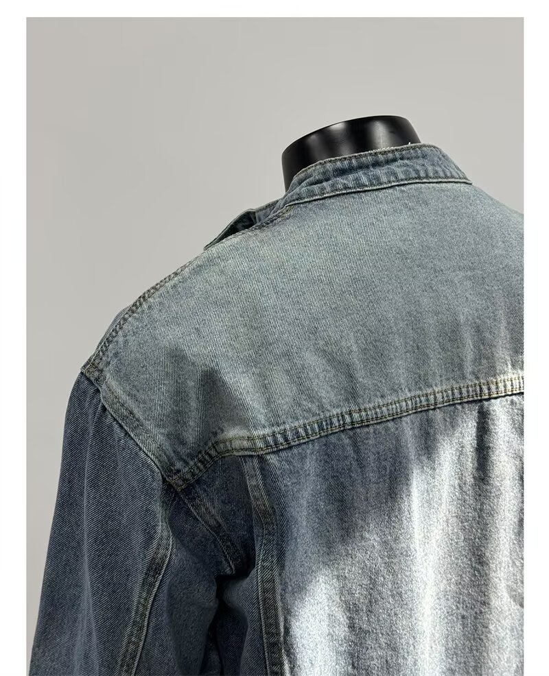 Washed Denim Jacket For Men Vintage Casual Stand Up Collar Coat_voghion.com