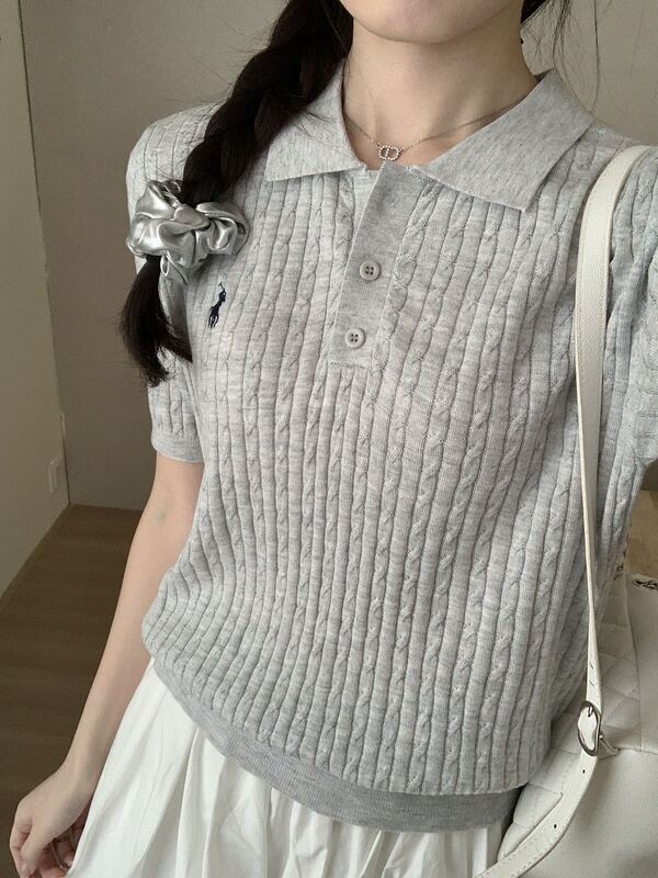 シルクウールPOLO襟半袖ニットtシャツ女性馬標2025年夏の新型痩せ刺繍上着|undefined