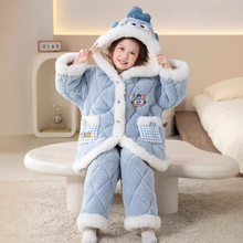 儿童睡衣冬季女童珊瑚绒三层夹棉加绒加厚母女法兰绒亲子装家居服