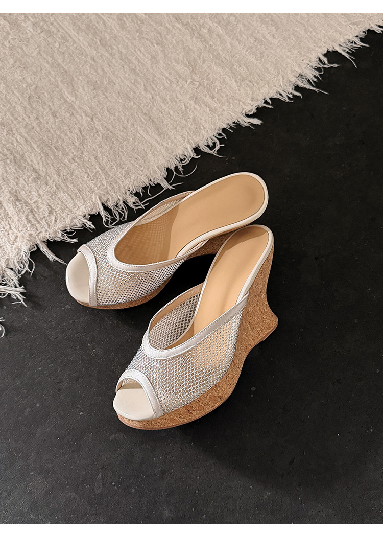 Sandal cao gót nữ hở mũi phong cách nghỉ dưỡng, đế xuồng thoáng khí, ren lưới, quai ngang, gót siêu cao — Hoa cúc nhỏ, Đính kim cương lấp lánh chi tiết 13