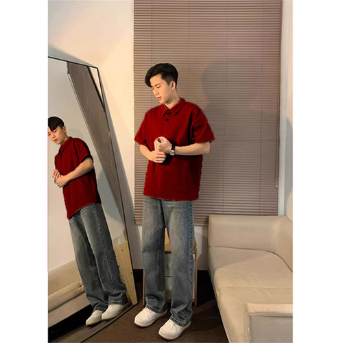 Red Maple Leaf Polo Shirt for Men, Stylish and Cool, Short Sleeve Summer T-Shirt with Collar, Pale Red, Trendy Brand