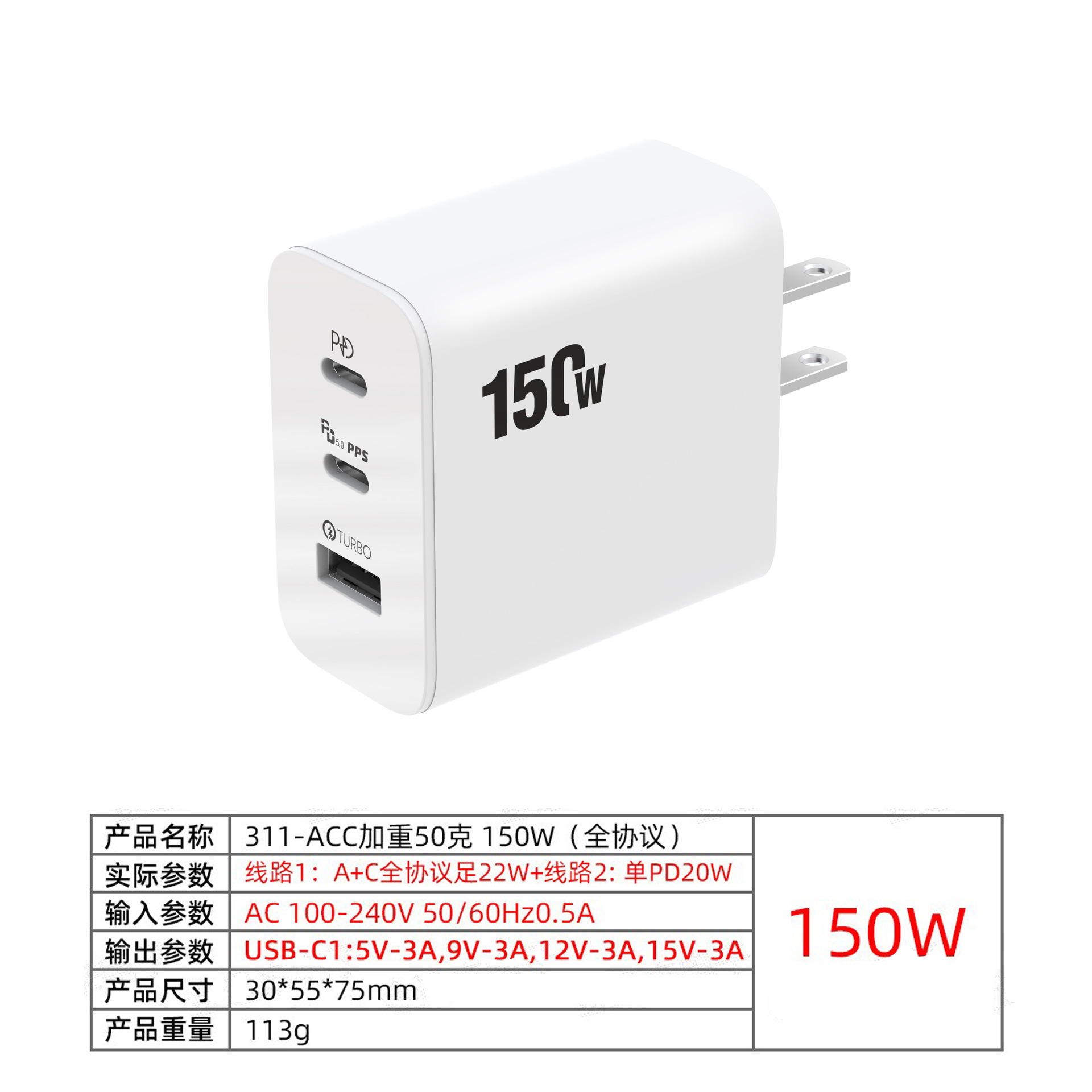 Nuevo modelo privado transfronterizo 2Type-C usb protocolo completo cabezal de carga súper rápido cargador 150W estándar europeo/americano/británico