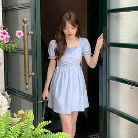 2025新款假两件绑带蝴蝶结连衣裙女春季甜美方领收腰显瘦淑女裙子