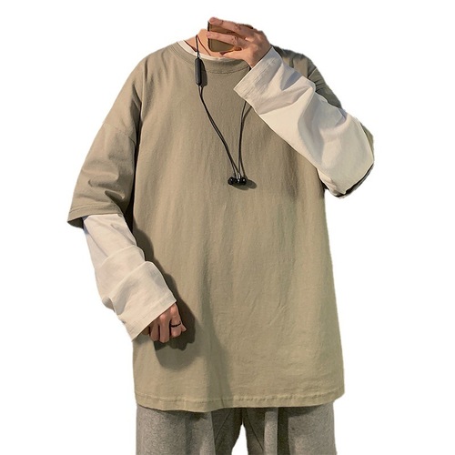 Men's Pure Color Long-Sleeve T-Shirt Top, Casual Two-Piece Blouse, Spring and Autumn Season Trendy Loose Fit Underwear Fashion, Instagram Style Body Shirt