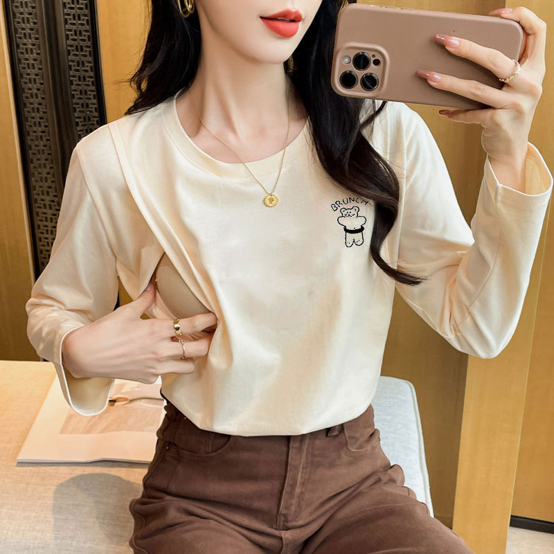 Real Shot in stock Breastfeeding T-shirt Autumn and Winter New Postpartum Childbirth Hot Mom Loose Cute Breastfeeding Long Sleeve Top