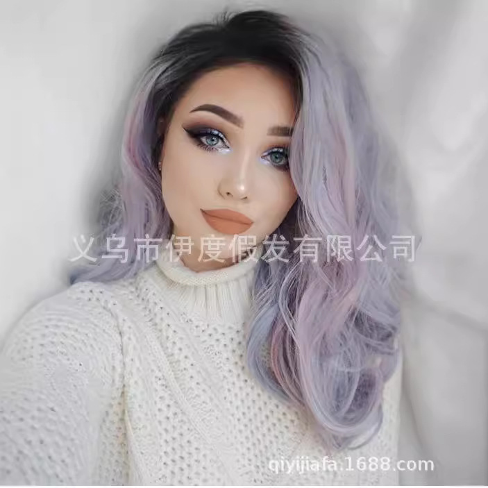 欧美爆款假发挑染全头套女长卷节日新款彩色WIG动漫造型现货批发