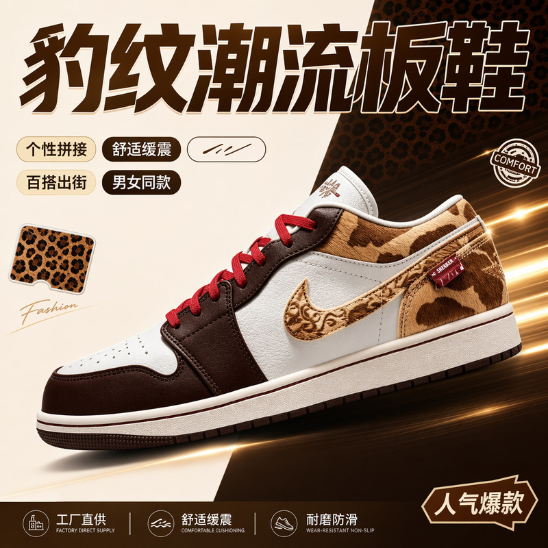 Leopard print patchwork sneakers for men, low-top, top-layer cowhide sports casual shoes, unisex white shoes