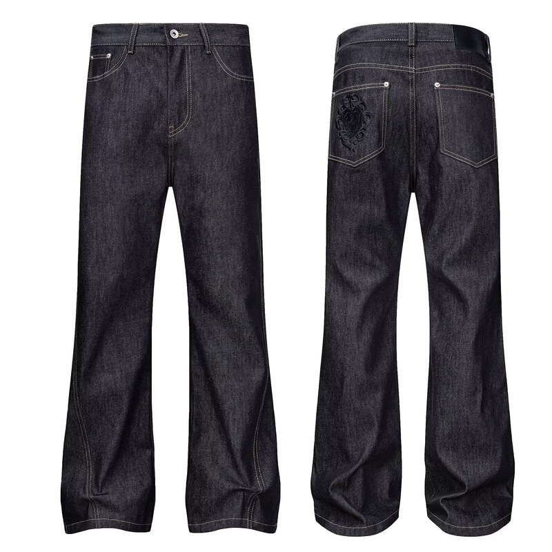 American High Street Hong Kong Style Retro Black Waxed Coated Street-Style Wide-Leg Flared Floor-Length Niche Jeans for Men