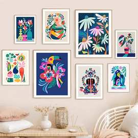五颜六色的花巨嘴鸟雏菊花瓶叶子抽象艺术帆布绘画海报墙壁图片