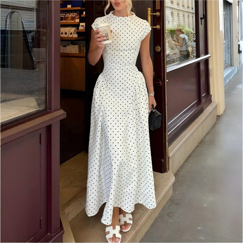 Cross-Border European and American Retro Elegant Round-Neck Polka Dot Print Dress Ins Style Waist-Cinching Long Dress Vacation Dress Cross-Border European and American Retro Elegant Round-Neck Polka Dot Print Dress Ins Style Waist-Cinching Long Dress Vacation Dress