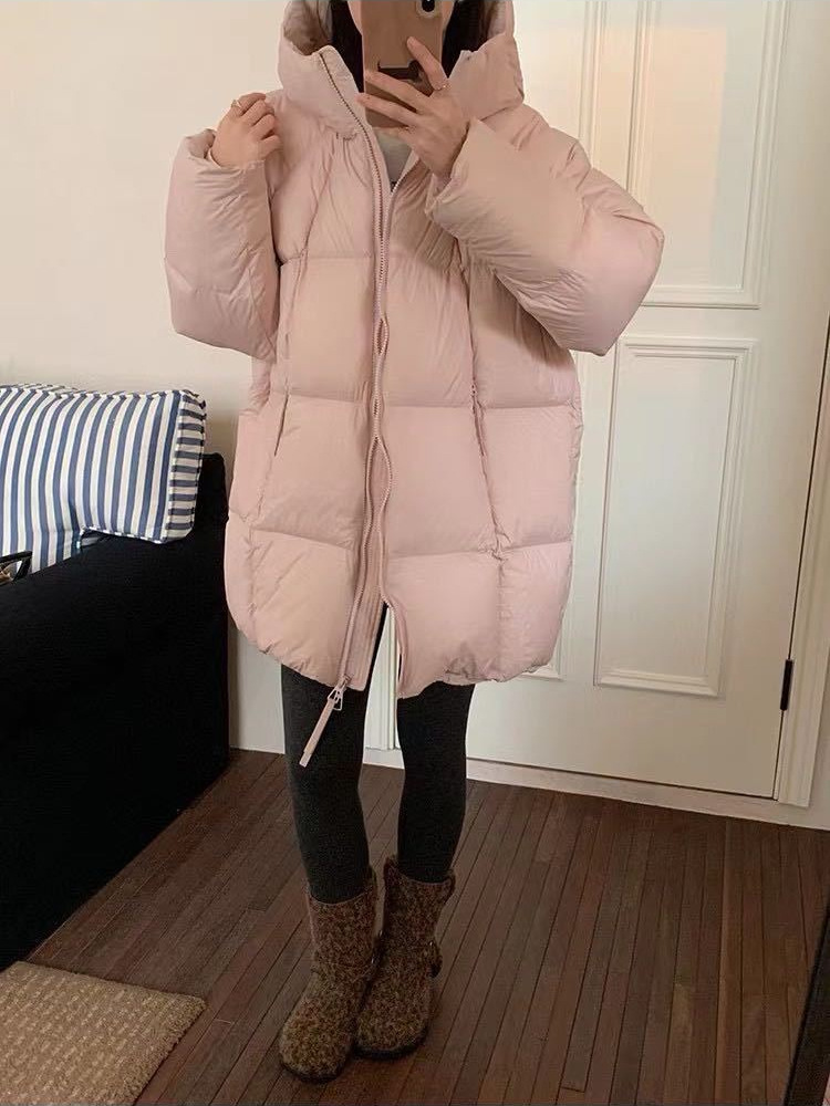 Nube puff plumón medio largo invierno 2025 nuevo tipo grueso blanco chaqueta de pan con capuz