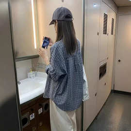 美式复古蓝色格子衬衫外套女2026早春新款慵懒衬衣宽松长袖上衣潮