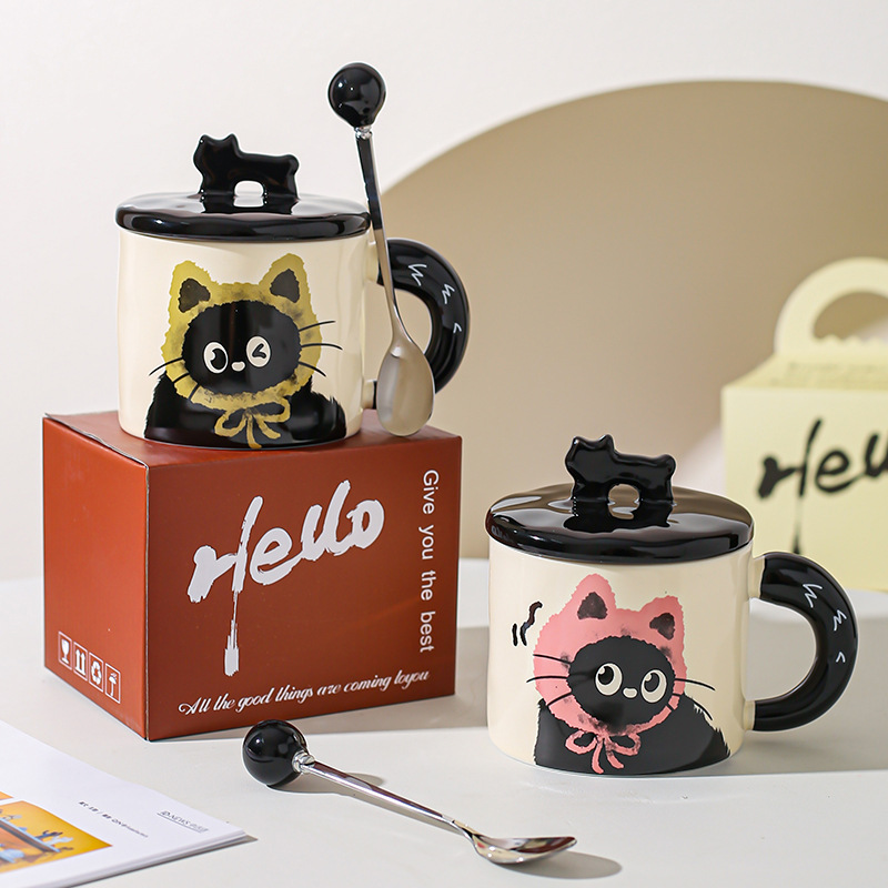 Cute gato gato taza de oficina taza de cerámica con taza de agua cubierta regalo pareja acompañante caja de regalo creativa de cumpleaños