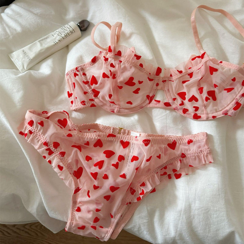 Pure Desire Love Sexy Ultra-Thin Lace Underwear Set Anti-Sagging French Pink Transparent Sponge-Free Bra