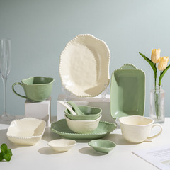 北歐ins珠點碗碟盤套裝家用創意餐具組合陶瓷米飯碗菜盤早餐杯碟