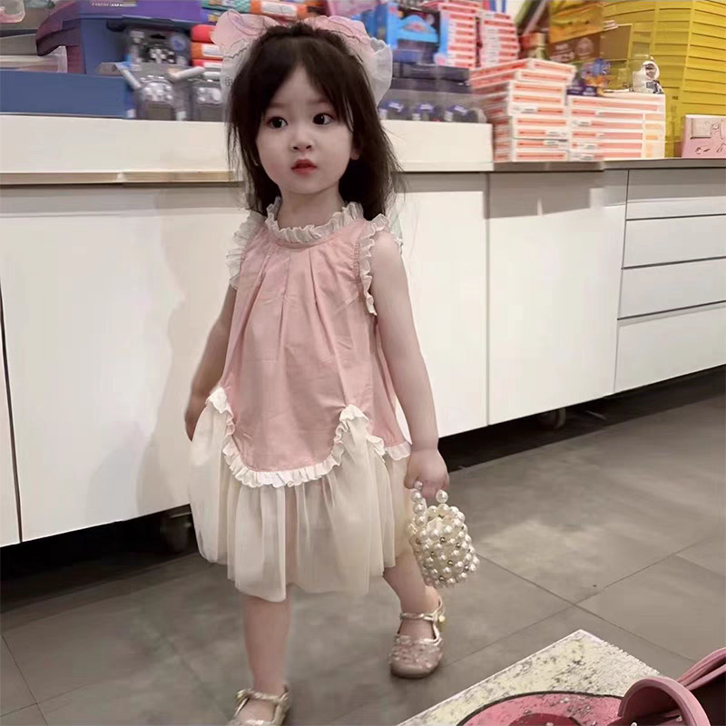 Vestido azul de estilo occidental con orejas de madera para niñas, vestido de chaleco sin mangas para niños pequeños y medianos, vestido de verano de encaje dulce