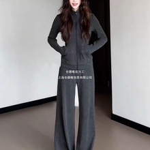 时尚休闲套装长袖条纹外套上衣女冬季高腰宽松阔腿裤拖地裤两件套