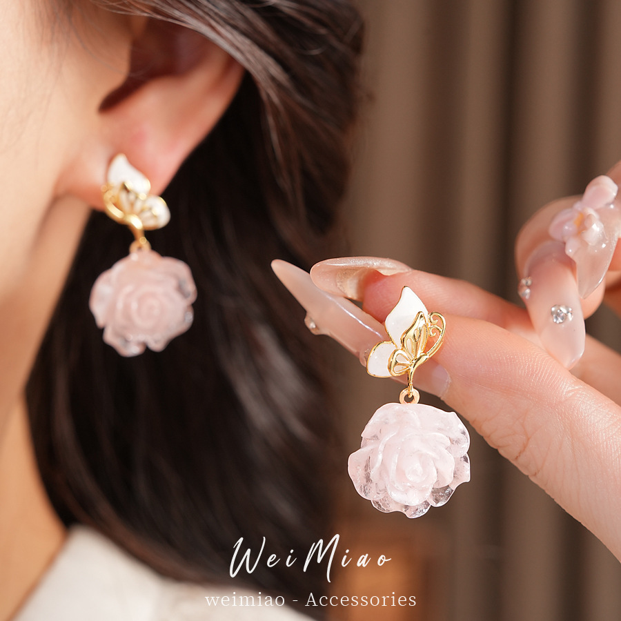 Agujas de plata goteando aceite de resina de mariposa flor pernos de aretes de brillo dulce temperamento fresco pendientes de moda lujoso ligero de alta sensación de aretes image 3