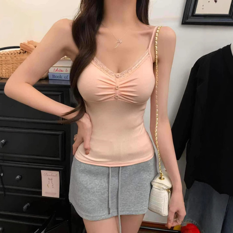 791 # Hot Girl Style Pure Desire Lace Camisole Short Top That Shows Off the Figure, Slightly Sexy Solid Color Women's Inner Wear