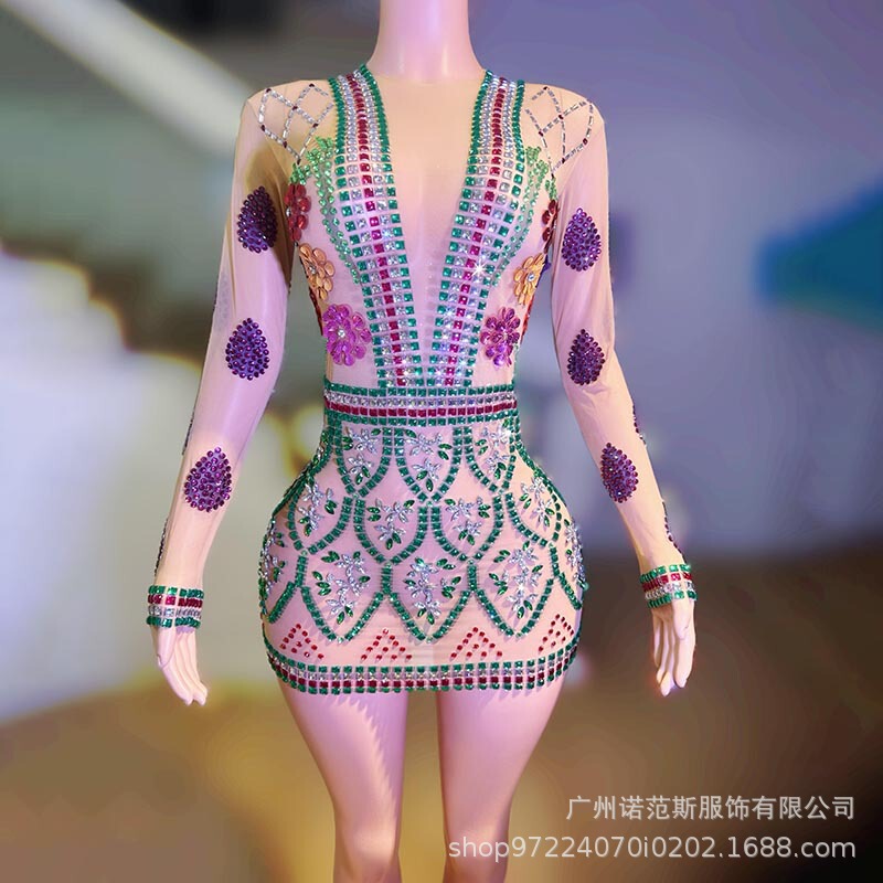 European and American Contrast Color Stitching Pinch Waist Slimming Vacation Style Hip Skirt Cocktail Party Evening Dress Miss Universe Beauty Dress