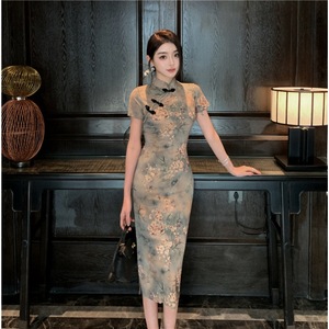 Chinese style young style Chinese style printed split open cheongsam dress improved by famous ladies