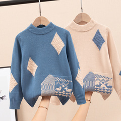 男童毛衣套頭2023新款中大童撞色針織衫兒童韓版毛線衣加絨女童