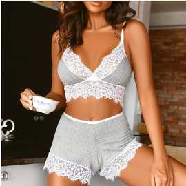 新款欧美睡衣女性感蕾丝吊带睡衣两件套内衣女亚马逊跨境货源批发