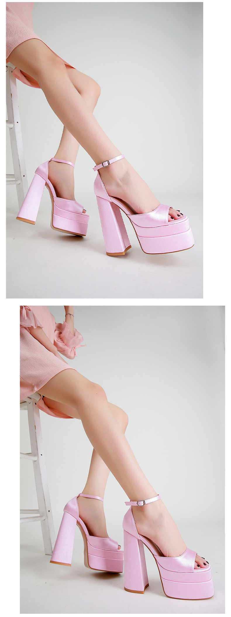 Sandal cao gót nữ mũi vuông rỗng gót vuông satin — Màu đen chi tiết 5