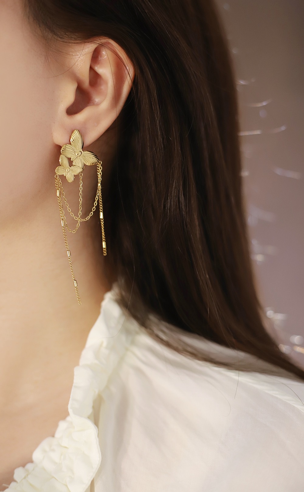 Model Show Butterfly Tassel Stainless Steel Earrings