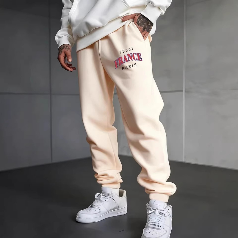 French Paris Letter Print Sweatpants Men's Winter Pants with Elastic Waistband Wool Jogging Pants Basic Style