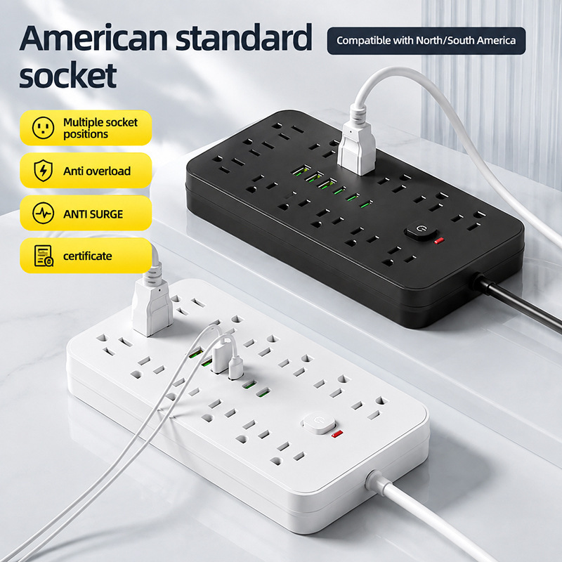 US standard adapter plug, fast charging socket, USB power strip, multifunctional 3USB3C power extension cord, multi-port power strip