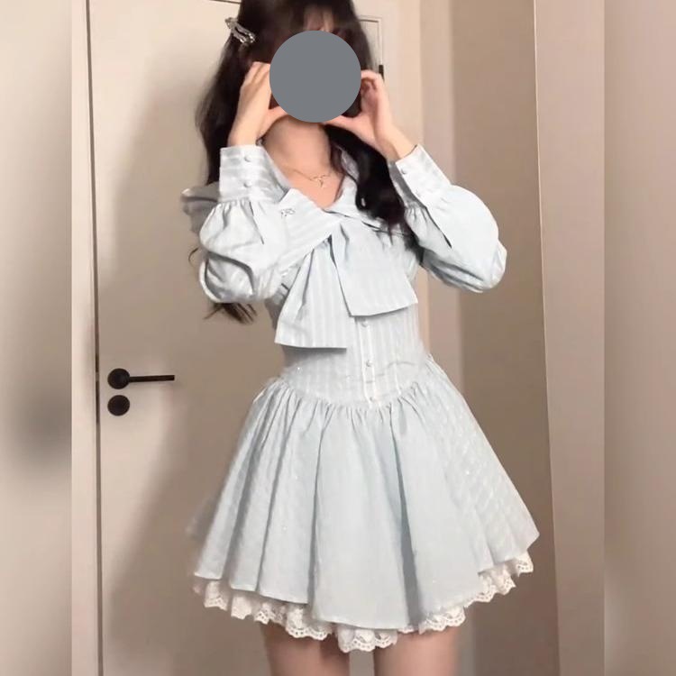 甜美纯欲秋季蕾丝花边蝴蝶结高级感长袖蓝色收腰显瘦蓬蓬连衣裙女|undefined