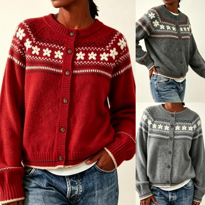 Cross-border loose-fitting snowflake pattern color-blocked knitted sweater, 2026 Christmas new European and American women's jacquard long-sleeve cardigan
