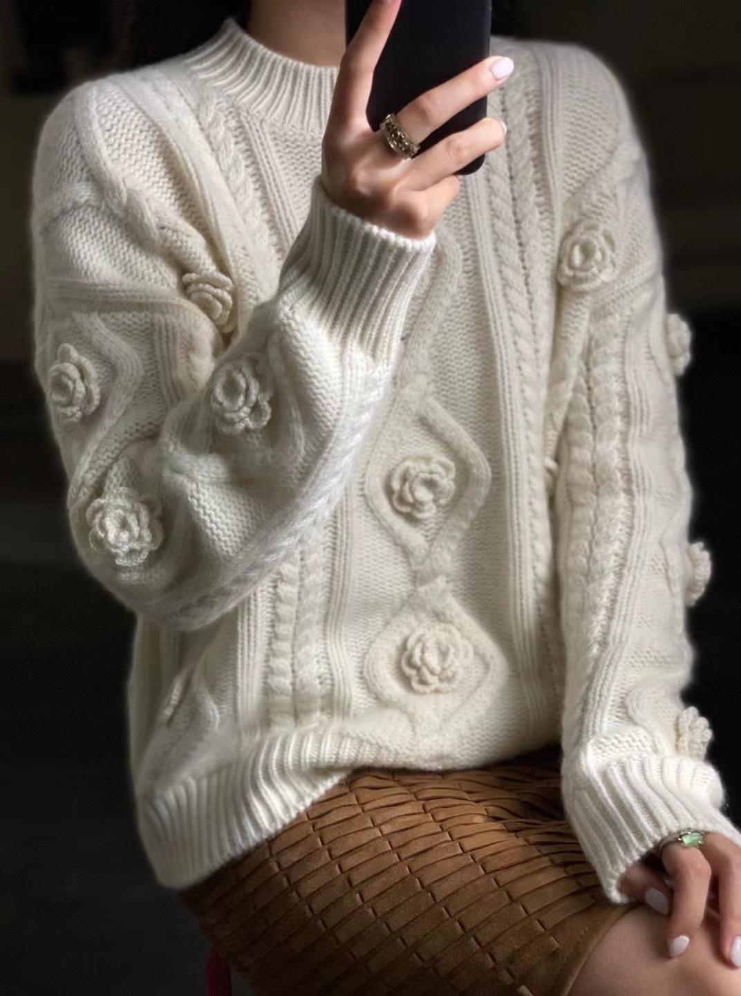 [Kasjmir Arisocraic Family] Fried Dough Twiss-genser med rund hals og blomsterprint, damegenser med løs bomullskrage_voghion.com