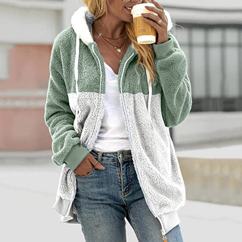 Wish Independence Station 2026 autumn and winter new loose color-matching plush zipper hooded coat for women's clothing