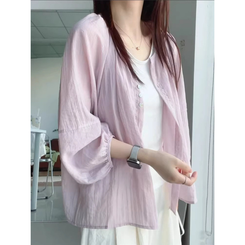 女性用日焼け止めシャツジャケット、夏用軽量カーディガン、ゆったりとした万能な長袖シャツ、ノーカラーショートトップ|undefined
