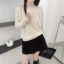 嘉兴濮院工厂欧根纱细羊毛半高领条纹简约蕾丝打底衫秋冬新款女装