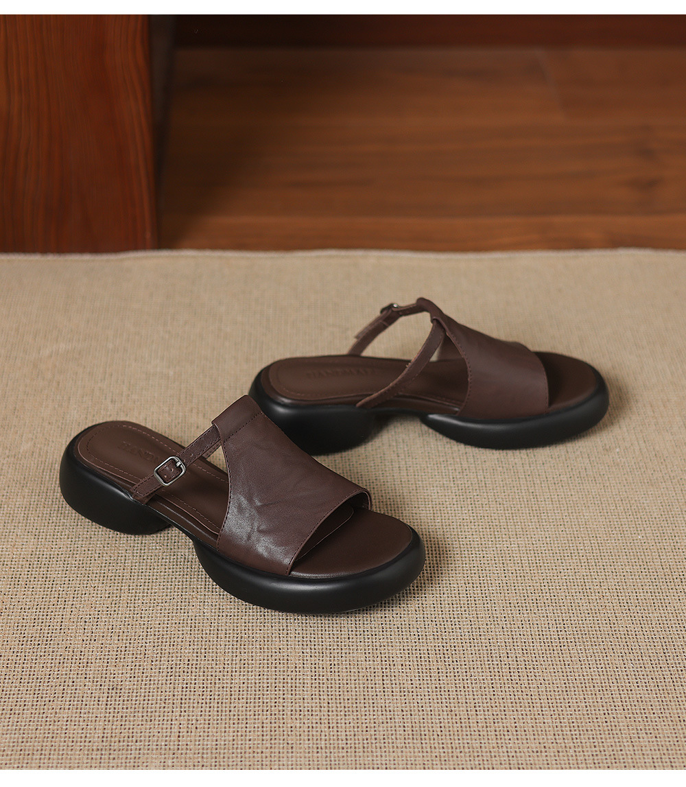 Sandal hở mũi nữ quai ngang đế dày da bò — màu nâu chi tiết 23