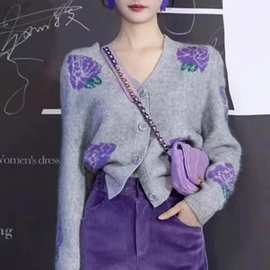 100%V领羊毛开衫女玫瑰提花针织衫毛衣外套韩版减龄上衣羊绒外搭